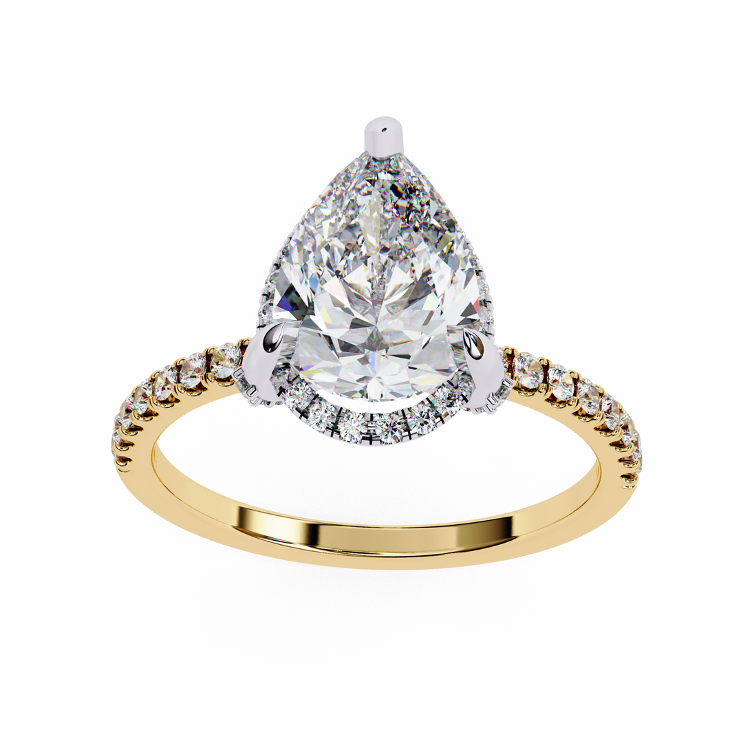 Pear Cut Lab Grown Diamond Engagement Ring, Hidden Halo Diamond Ring, 18K Yellow Gold Pavé Band, Teardrop Solitaire Ring, Luxury Bridal Ring