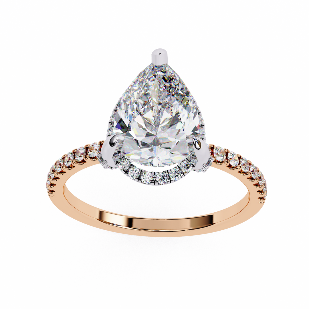 Pear Cut Lab Grown Diamond Engagement Ring, Hidden Halo Diamond Ring, 18K Yellow Gold Pavé Band, Teardrop Solitaire Ring, Luxury Bridal Ring