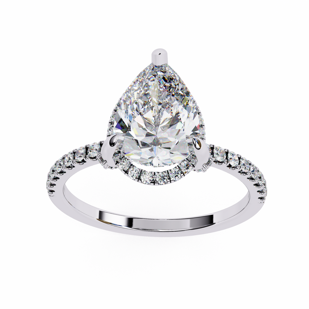 Pear Cut Lab Grown Diamond Engagement Ring, Hidden Halo Diamond Ring, 18K Yellow Gold Pavé Band, Teardrop Solitaire Ring, Luxury Bridal Ring
