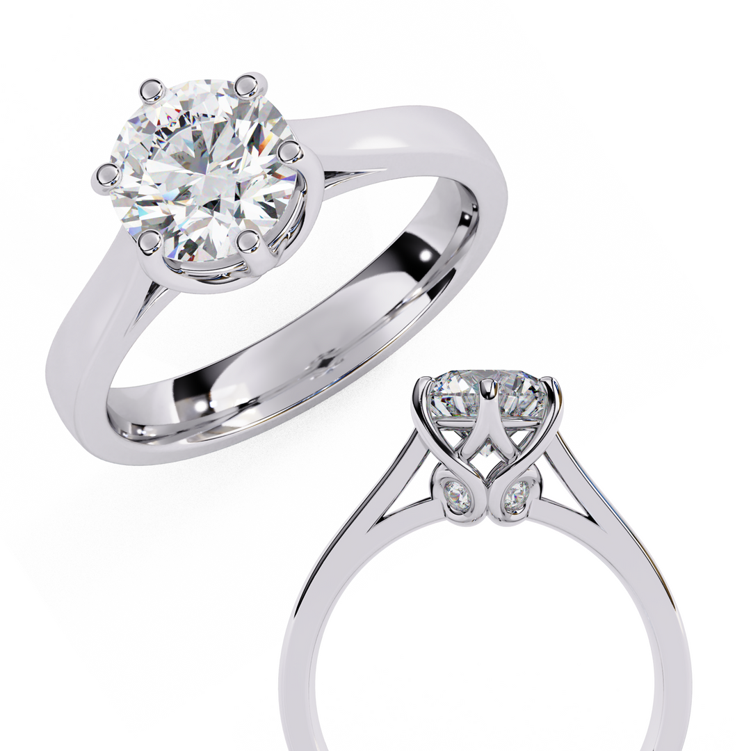 Round Cut Moissanite Engagement Ring | Vintage Six Prong Solitaire with Hidden Accents | 18K Gold & Platinum Bridal Ring